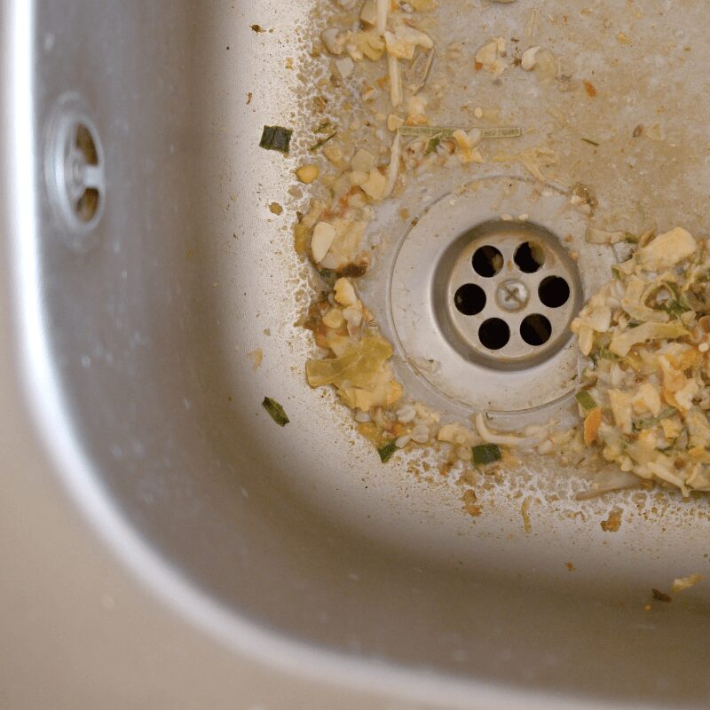 dirty, clogged kitchen sink with food