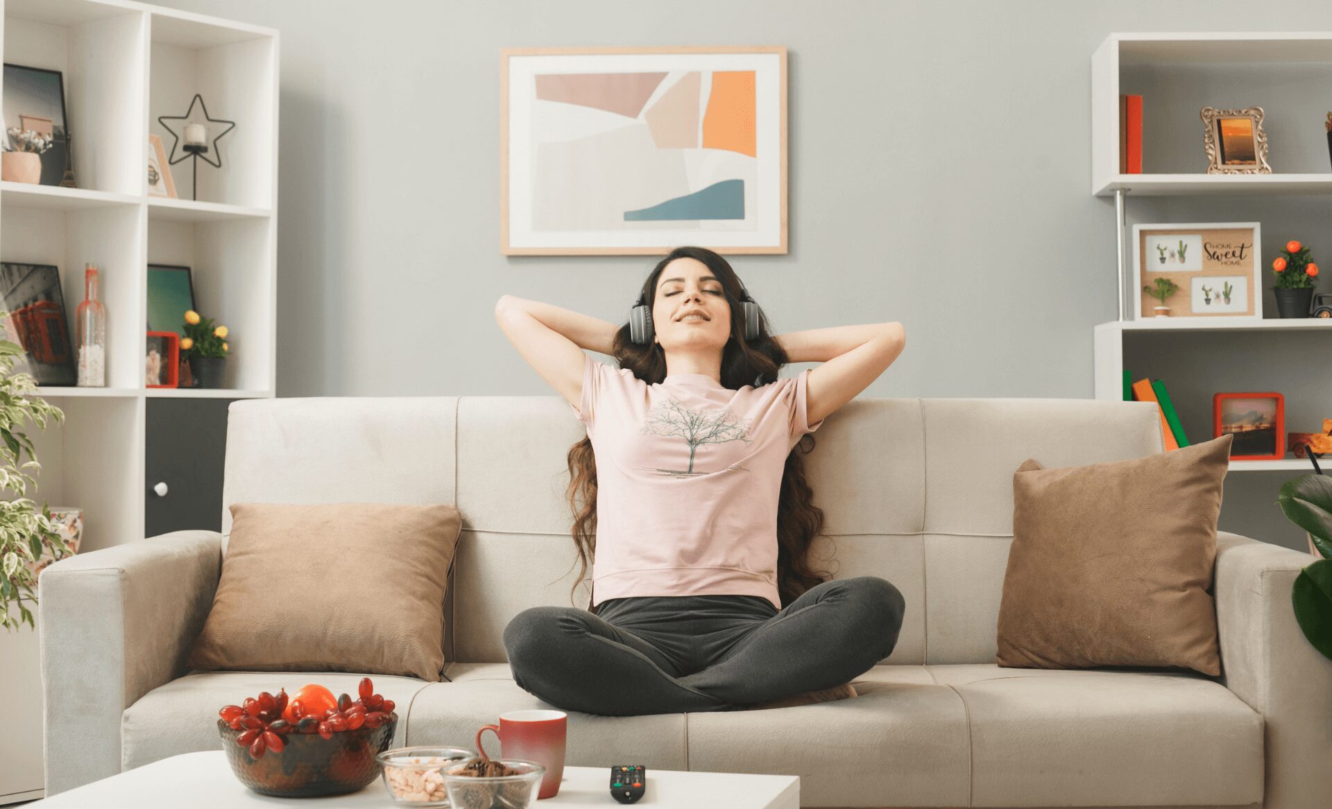 young woman breathing fresh healthy indoor air